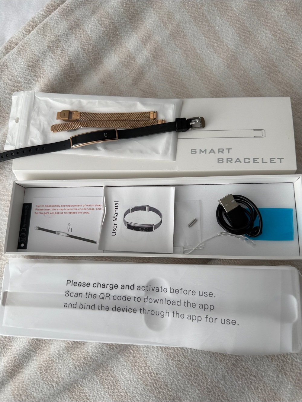Smart Bracelet Fitness Tracker with Black Band and Rose Gold Accent